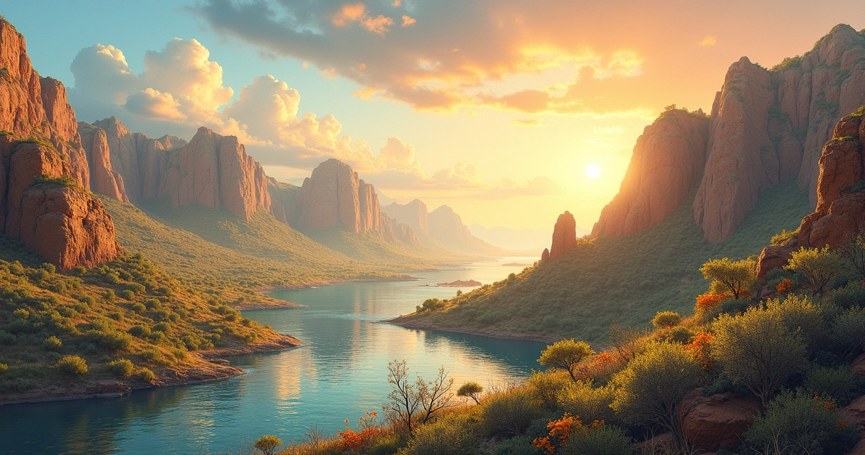 Paisagem geológica da Geologia Criacionista com rochas, fósseis e um céu ao amanhecer.