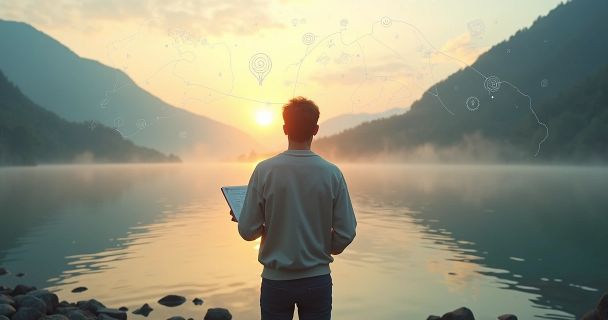 Pessoa observando mapa sobreposto a paisagem interior abstrata 