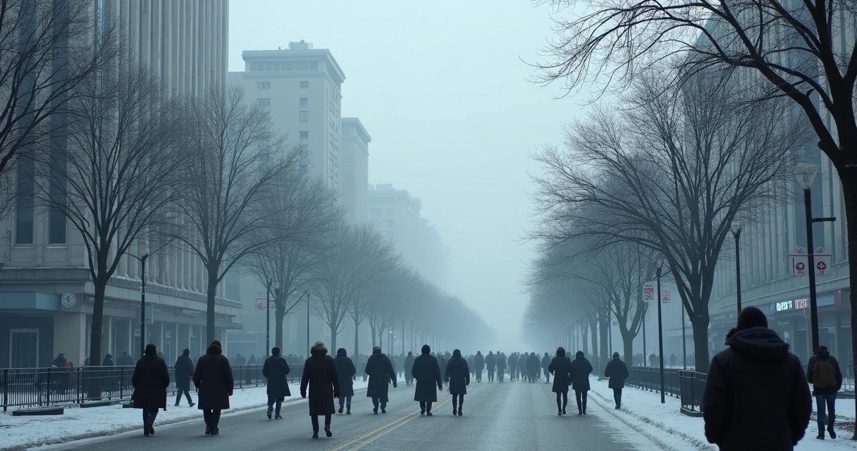 Cidade em dia de inverno com céu nublado e pessoas caminhando agasalhadas 
