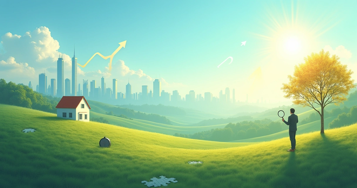 Paisagem tranquila com uma pessoa analisando uma casa em miniatura, simbolizando investimento a longo prazo.