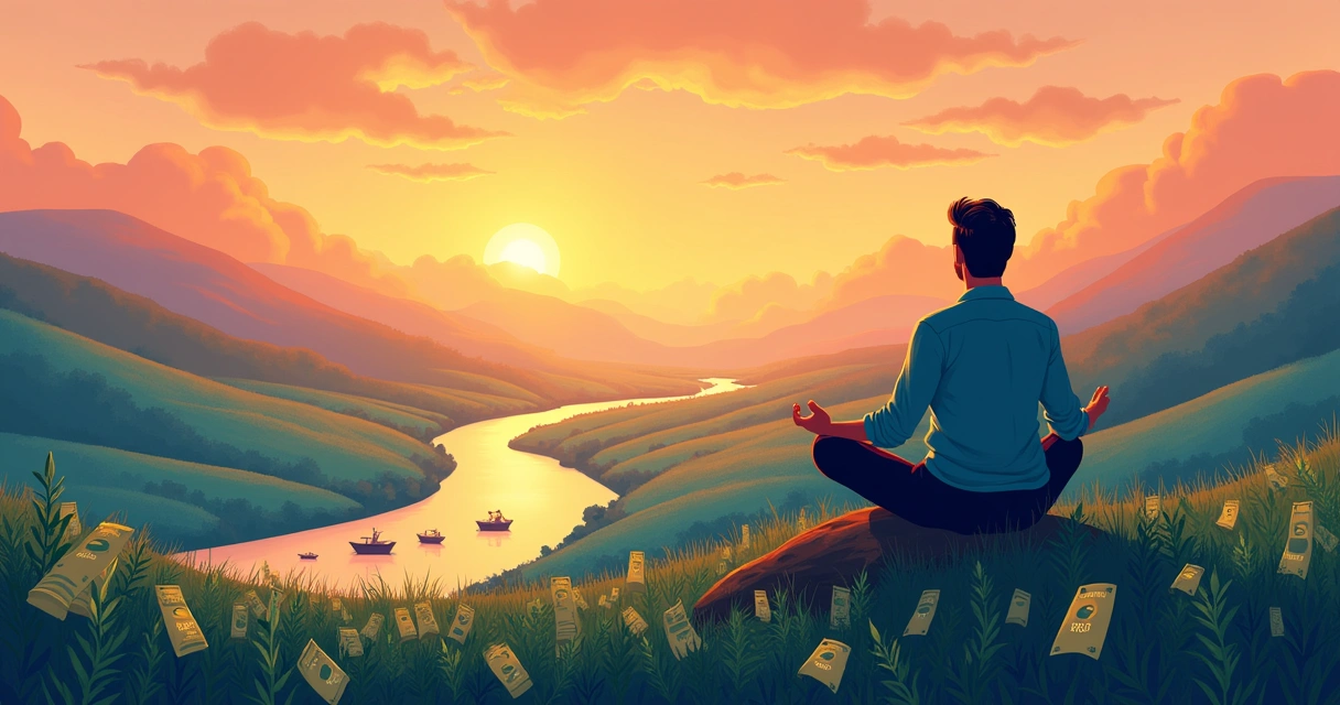 Uma paisagem tranquila com um investidor olhando um vale florido simbolizando investimentos e paciência.