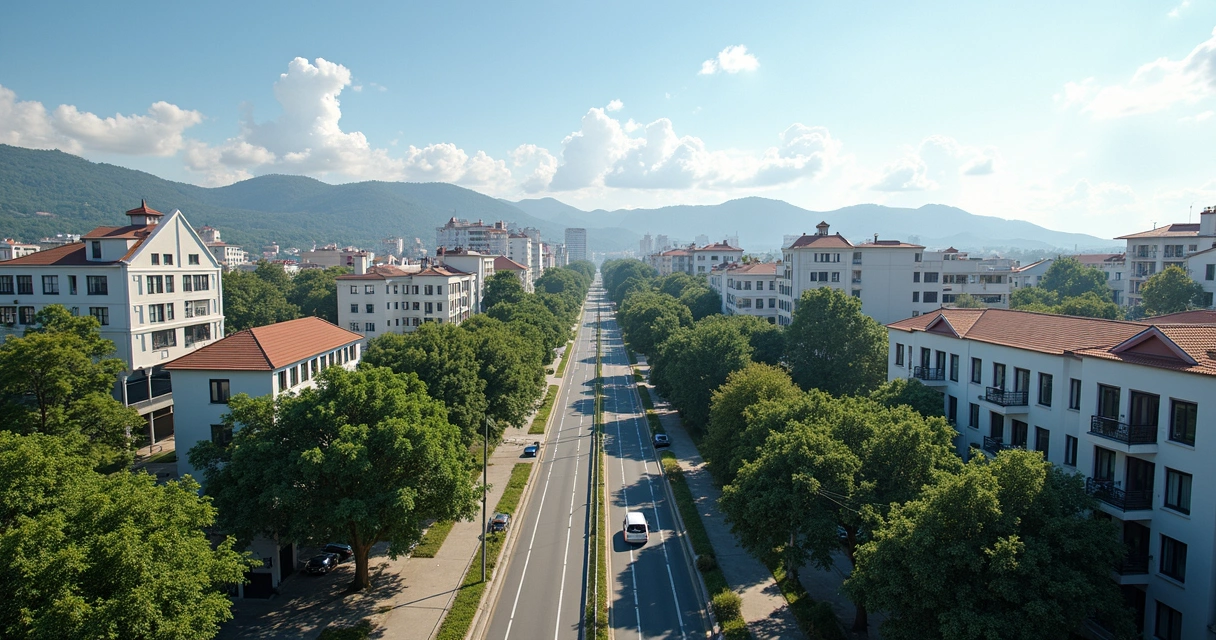 Prédios residenciais em Joinville e Blumenau pela manhã com ruas arborizadas 