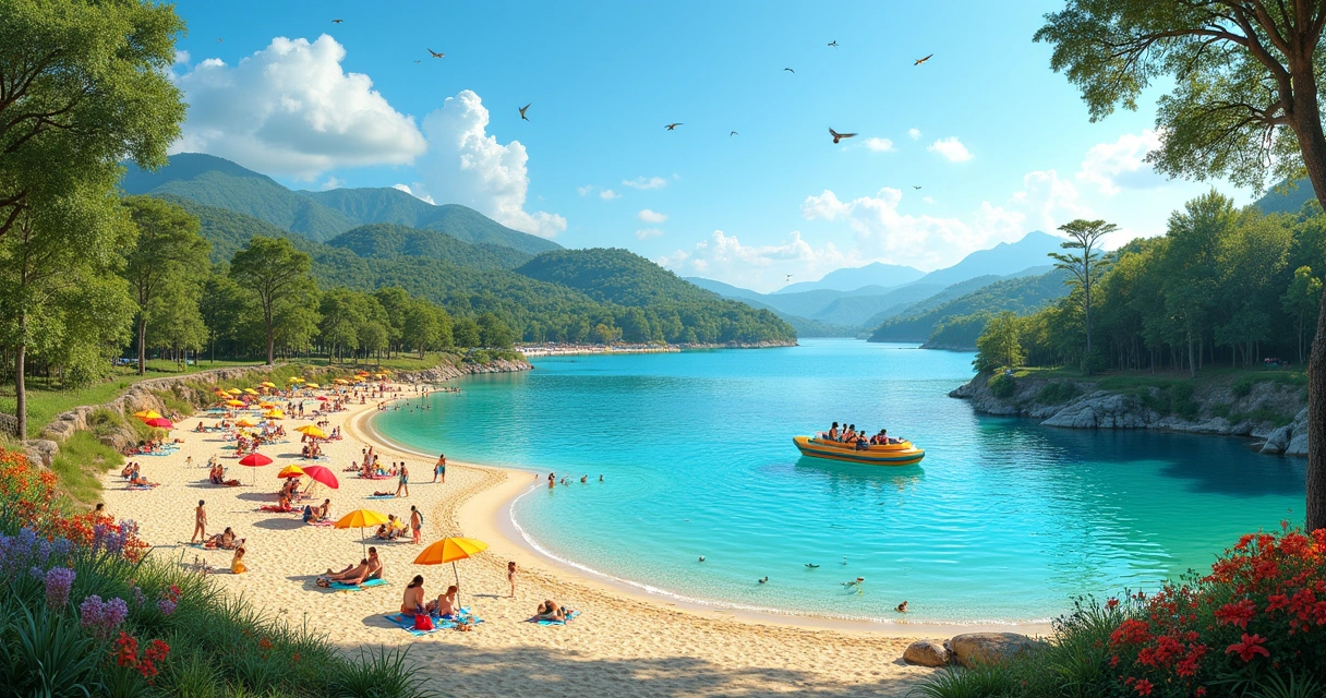 Paisagem da Lagoa Maior com praia artificial, pedalinho e trilhas em um dia ensolarado.