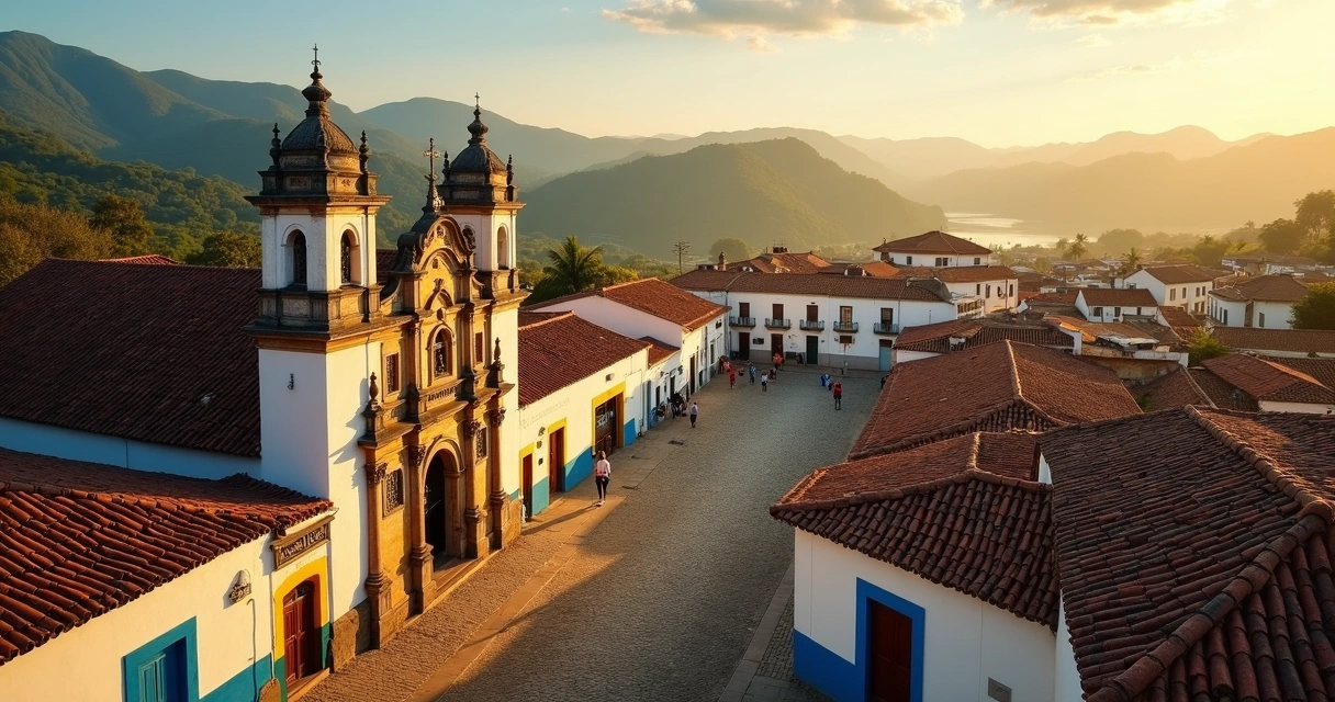 Paisagem de Minas Gerais com cidade histórica e montanhas ao fundo 