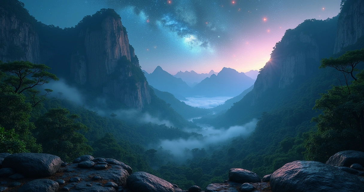 Paisagem mística com montanhas, floresta densa e céu estrelado mostrando constelações e luzes suaves 