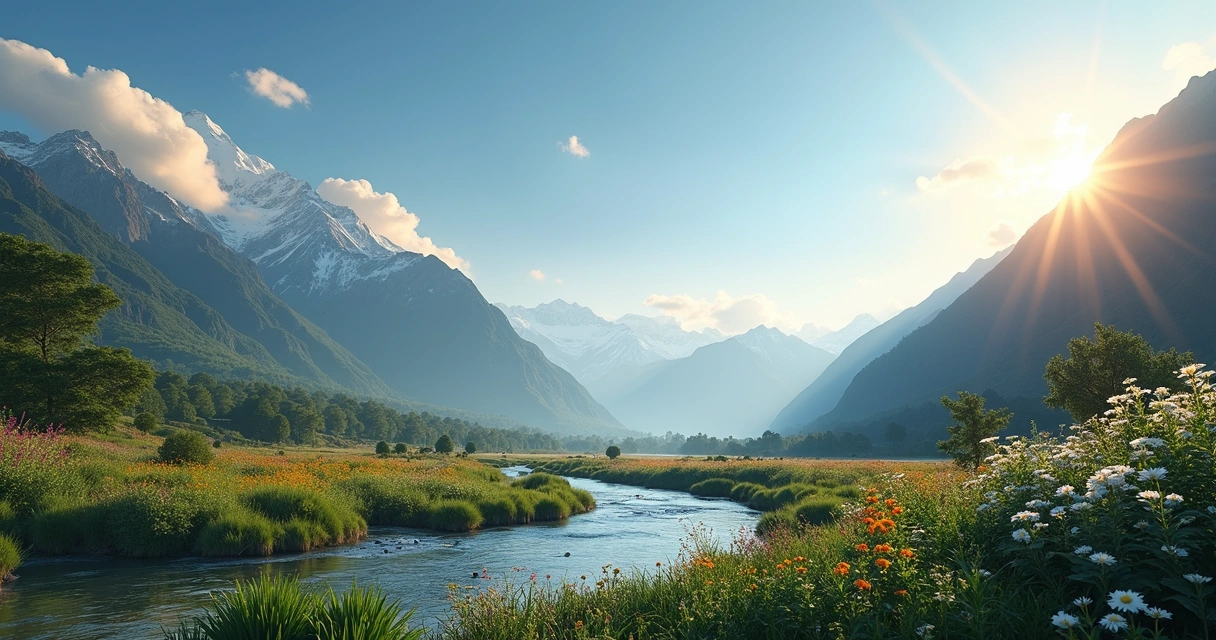 Paisagem montanhosa com rio e vegetação exuberante representando harmonia com a natureza 