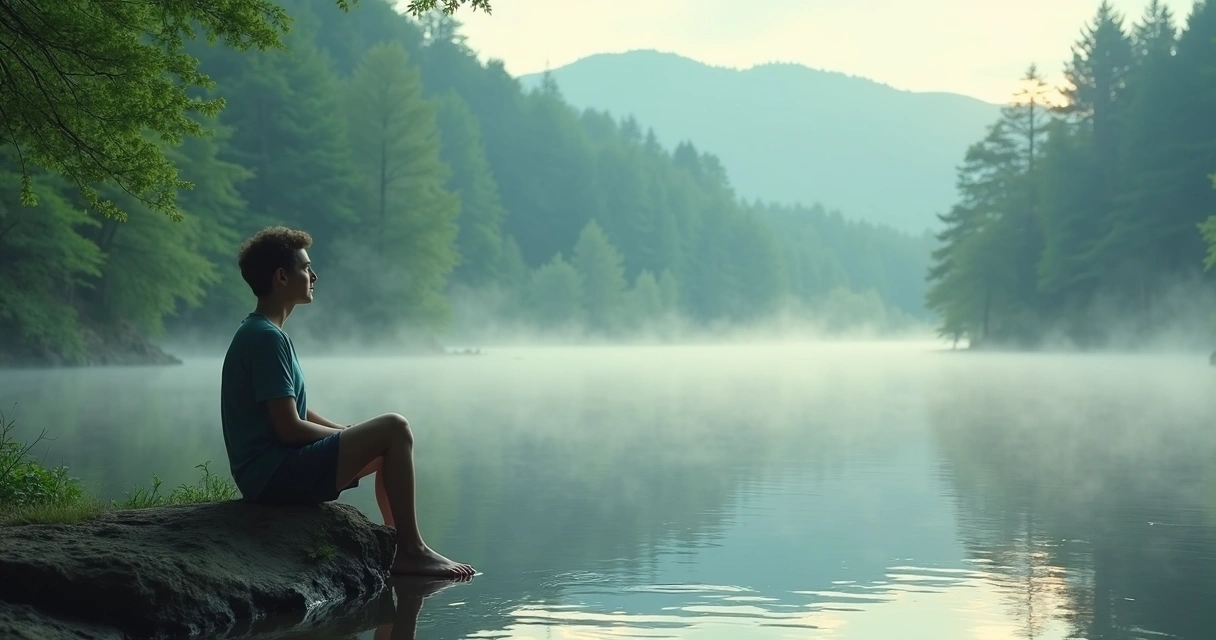 Pessoa observa paisagem natural tranquila sentada em pedra ao lado de lago 