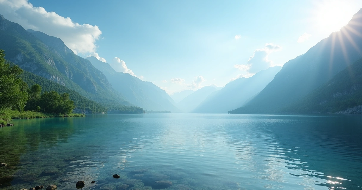Paisagem tranquila de montanhas, lago e céu claro ao fundo 
