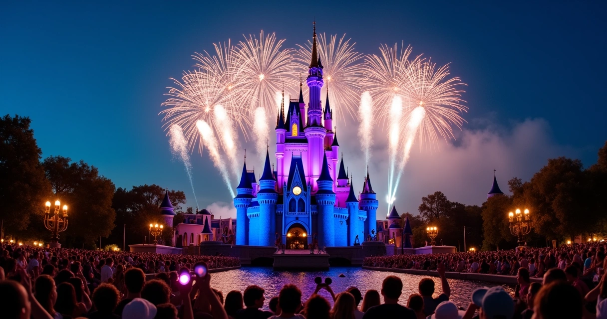 Castelo iluminado do Magic Kingdom à noite com fogos de artifício 