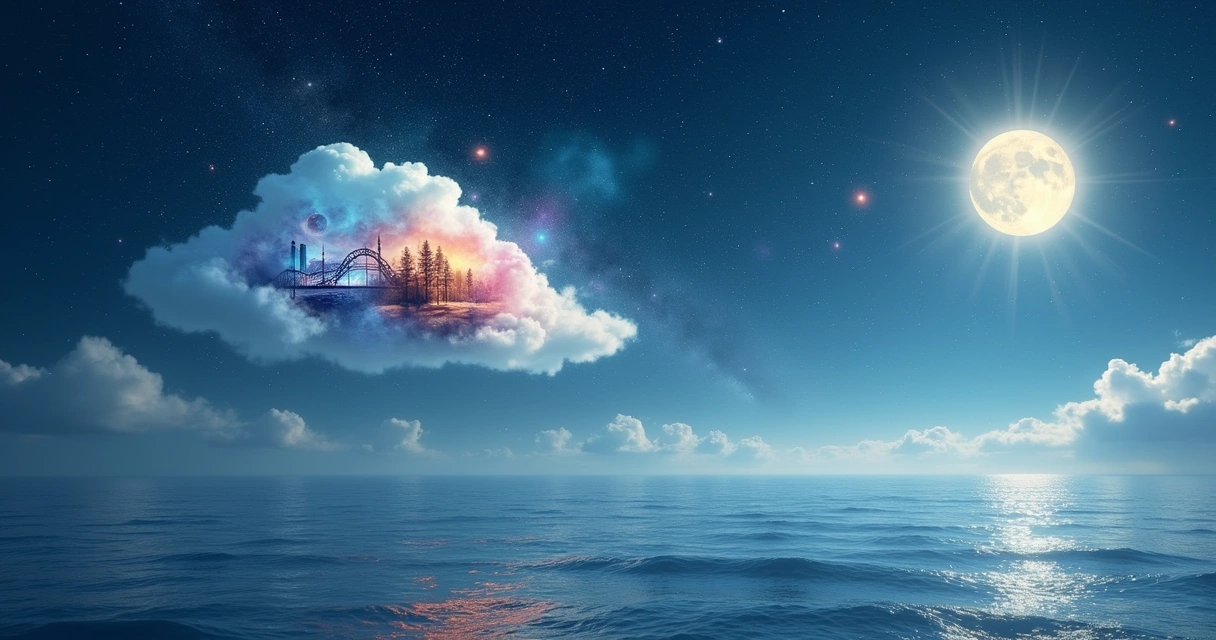 Paisagem onírica com nuvem de pensamento e imagens de sonhos sob um céu estrelado.