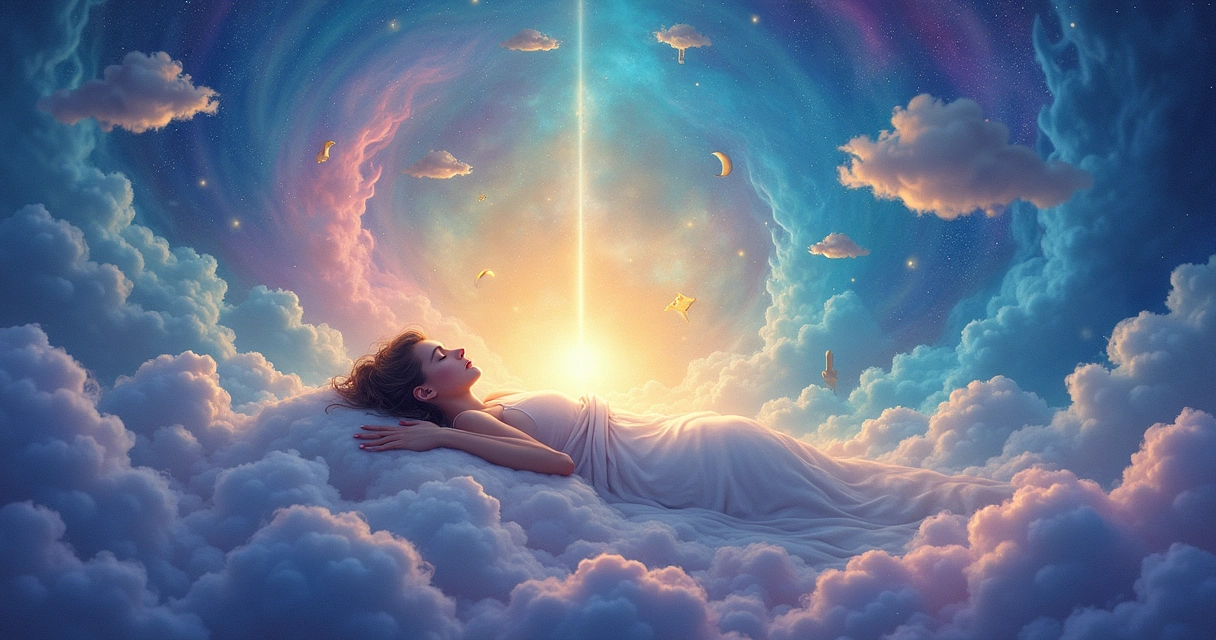 Um cenário de sonho etéreo com uma figura sonhando em uma nuvem, cercada de cores vibrantes e símbolos de desejos.