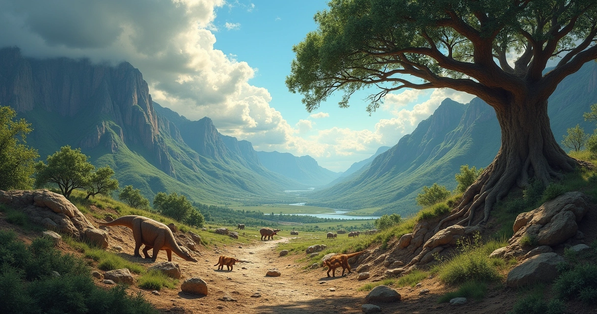 Vista dramática de uma paisagem com fósseis de dinossauros, às margens de um terreno jovem sob um céu misto entre luz e tempestade.