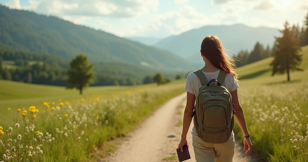 Mulher caminhando em estrada de terra com mochila e Bíblia na mão 