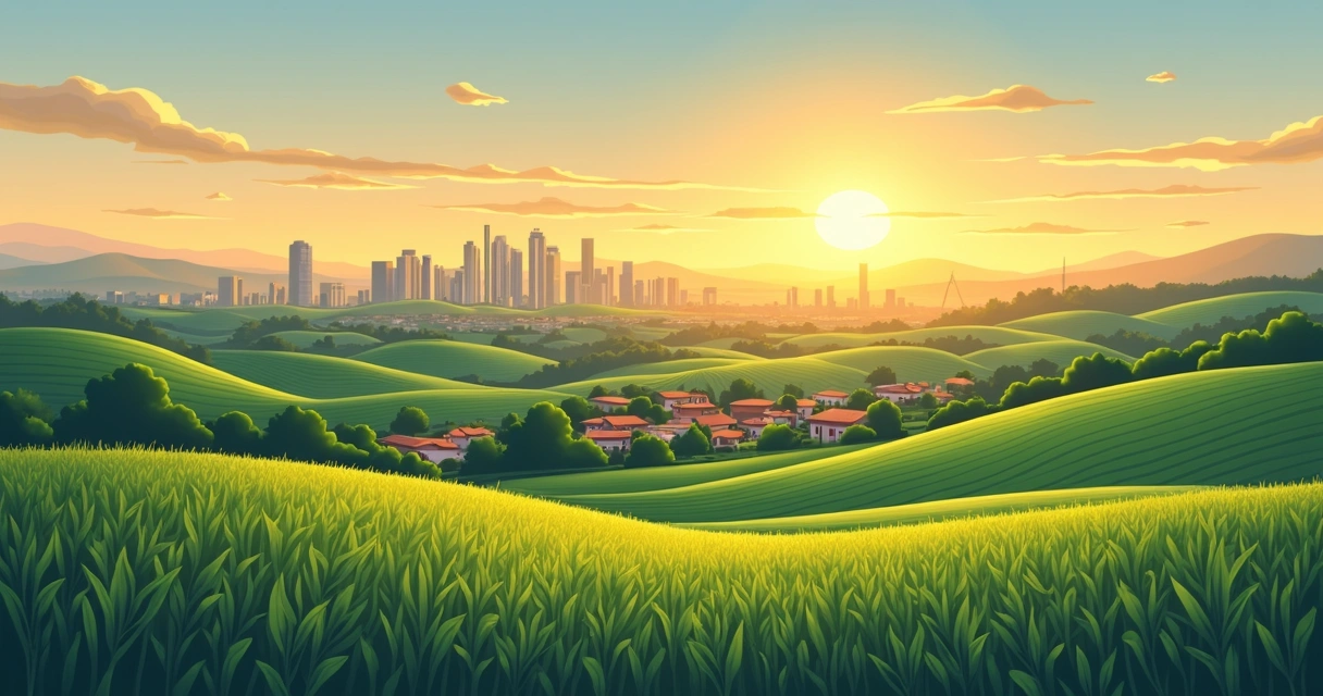 Campo agrícola e cidade ao fundo no Piedmont 