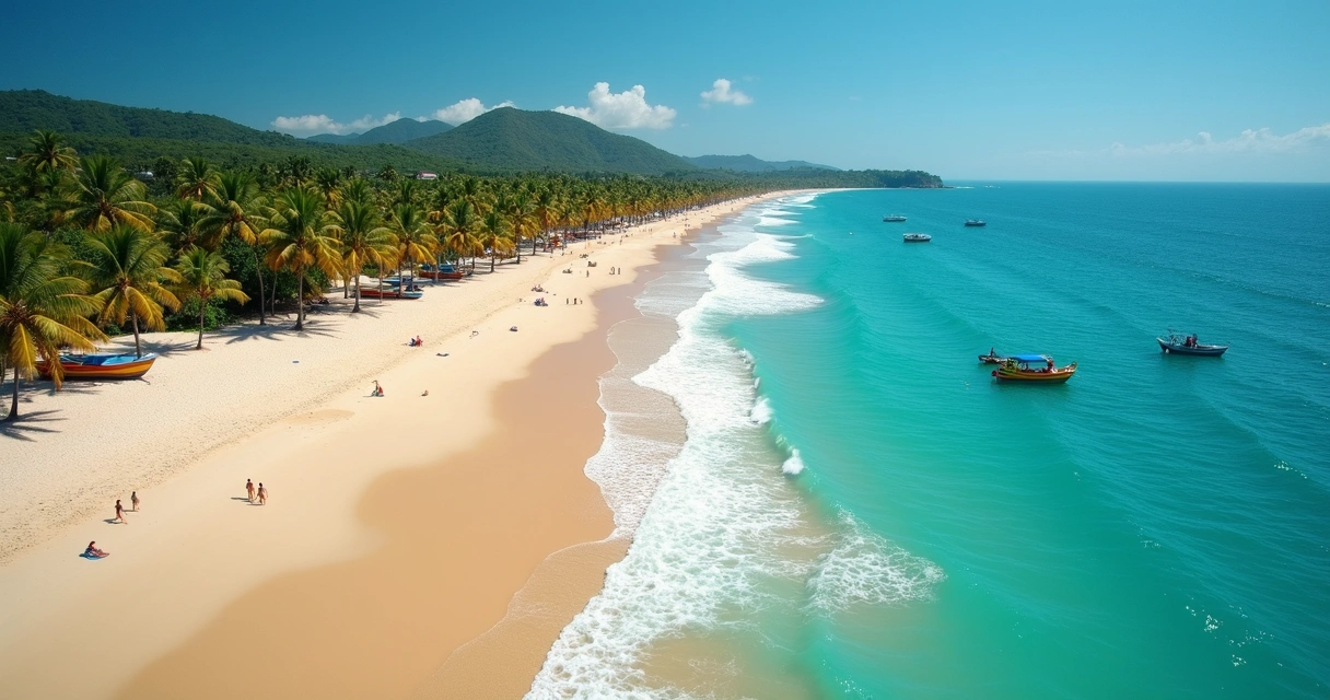 Praia tranquila e limpa com algumas pessoas caminhando. 