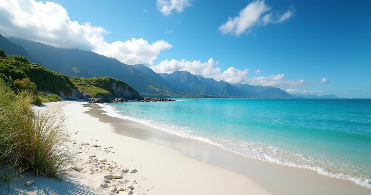 Praia com montanhas ao fundo e céu azul na Nova Zelândia 
