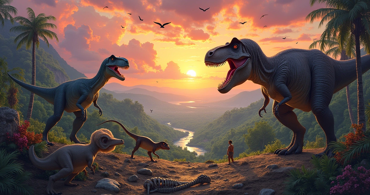 Scene of a prehistoric landscape with dinosaurs, sunset, a fossilized skeleton, and outlines of cavemen.
