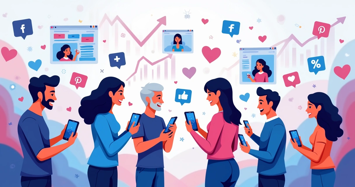 Pessoas interagindo com dispositivos sociais, com ícones de engajamento e gráficos positivos ao fundo.