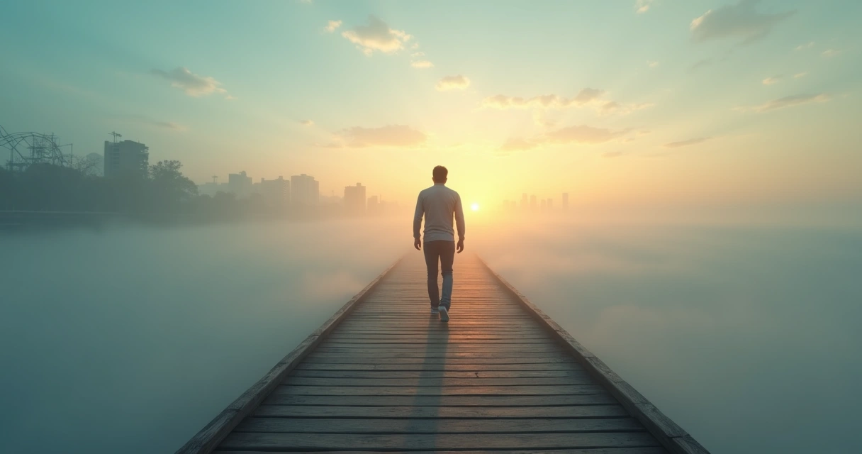 Pessoa em passarela elevada sobre neblina avançando em direção à luz do amanhecer 