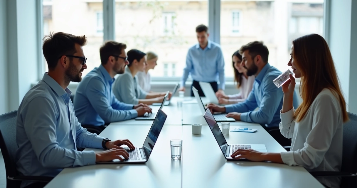 Ambiente de reunião virtual com pessoas sentadas em frente ao computador, postura e ambiente equilibrados