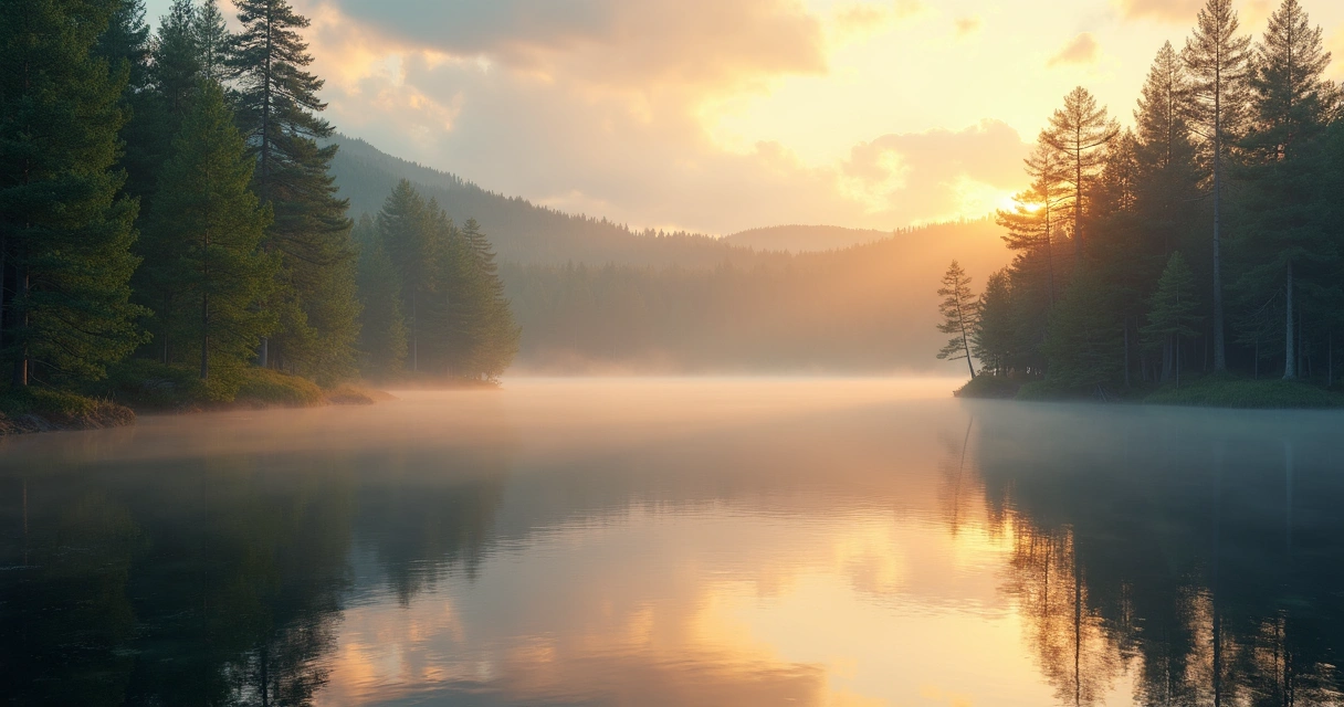 Árvores ao redor de um lago calmo refletindo o céu, transmitindo tranquilidade