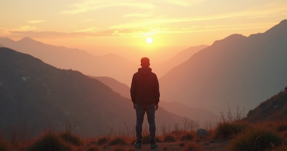 Pessoa contemplando paisagem ampla, sugerindo reflexão sobre o tempo 