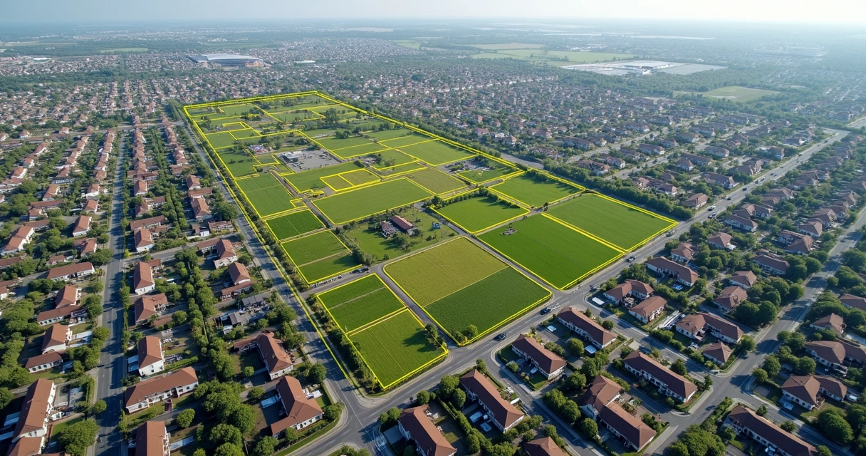 Vista aérea de bairro urbano com áreas residenciais, comerciais e áreas verdes, mostrando limites de zoneamento e ruas. 