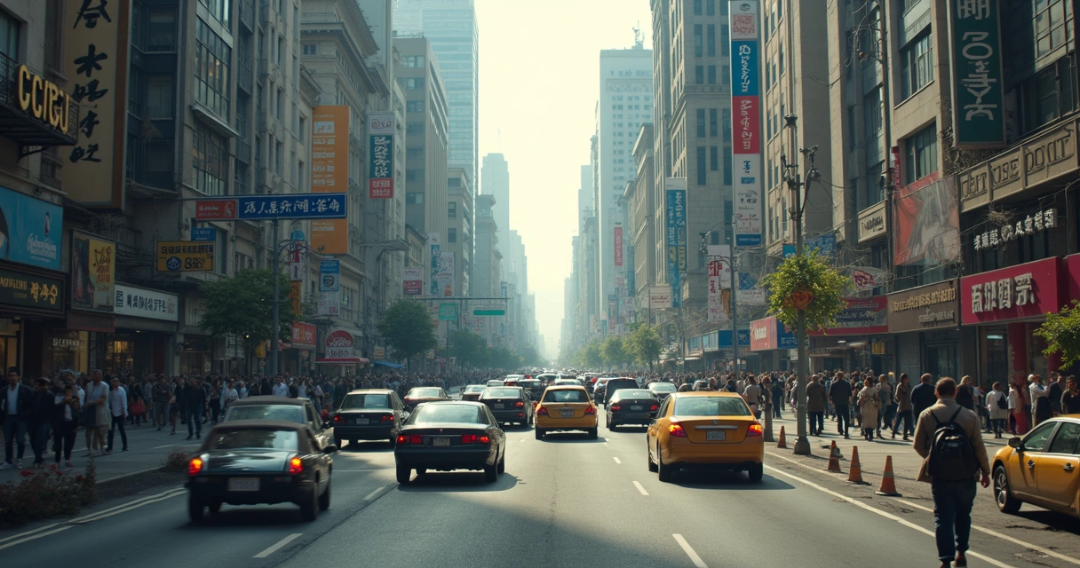 Rua movimentada da cidade grande com carros, pedestres e prédios altos