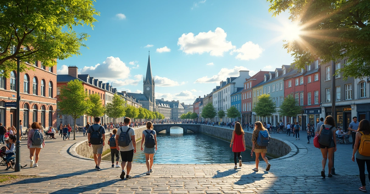 Vista panorâmica das cidades de Dublin, Cork e Galway com estudantes caminhando pelas ruas em um dia ensolarado 