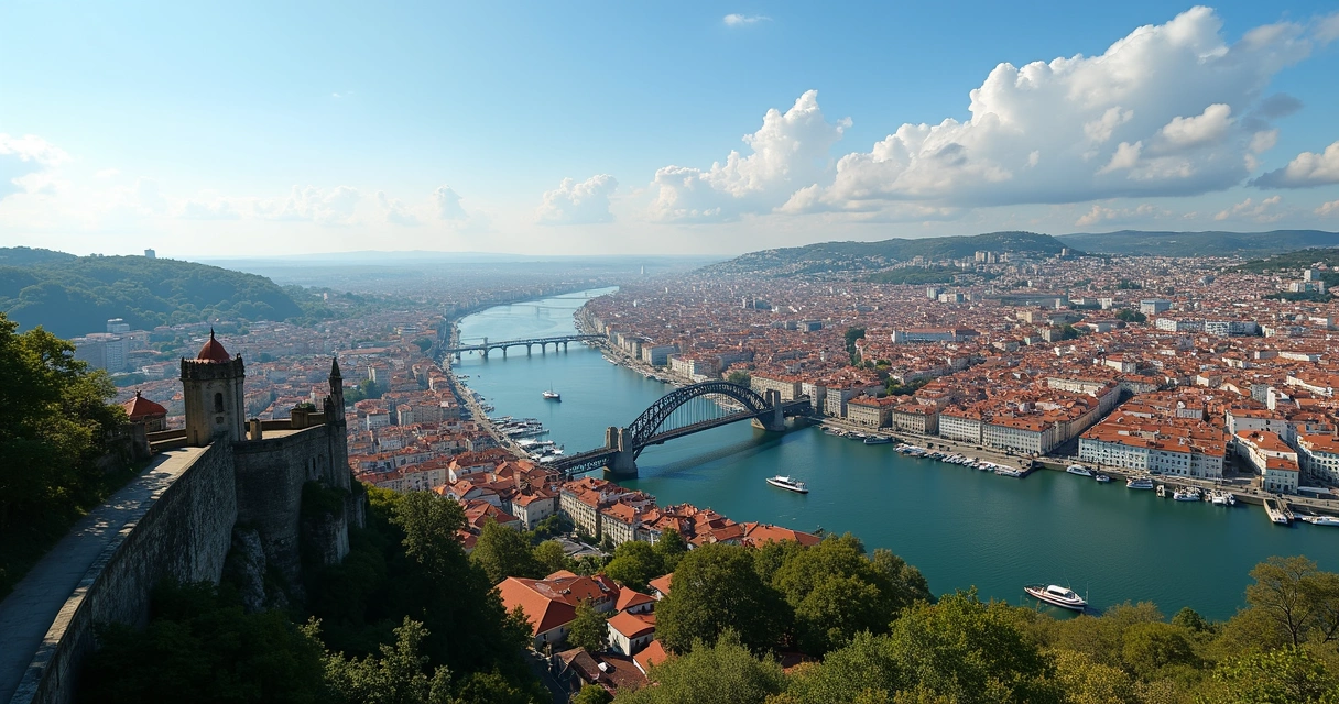 Vista panorâmica das cidades de Lisboa, Porto e Braga com destaque para arranha-céus, arquitetura histórica e áreas verdes 