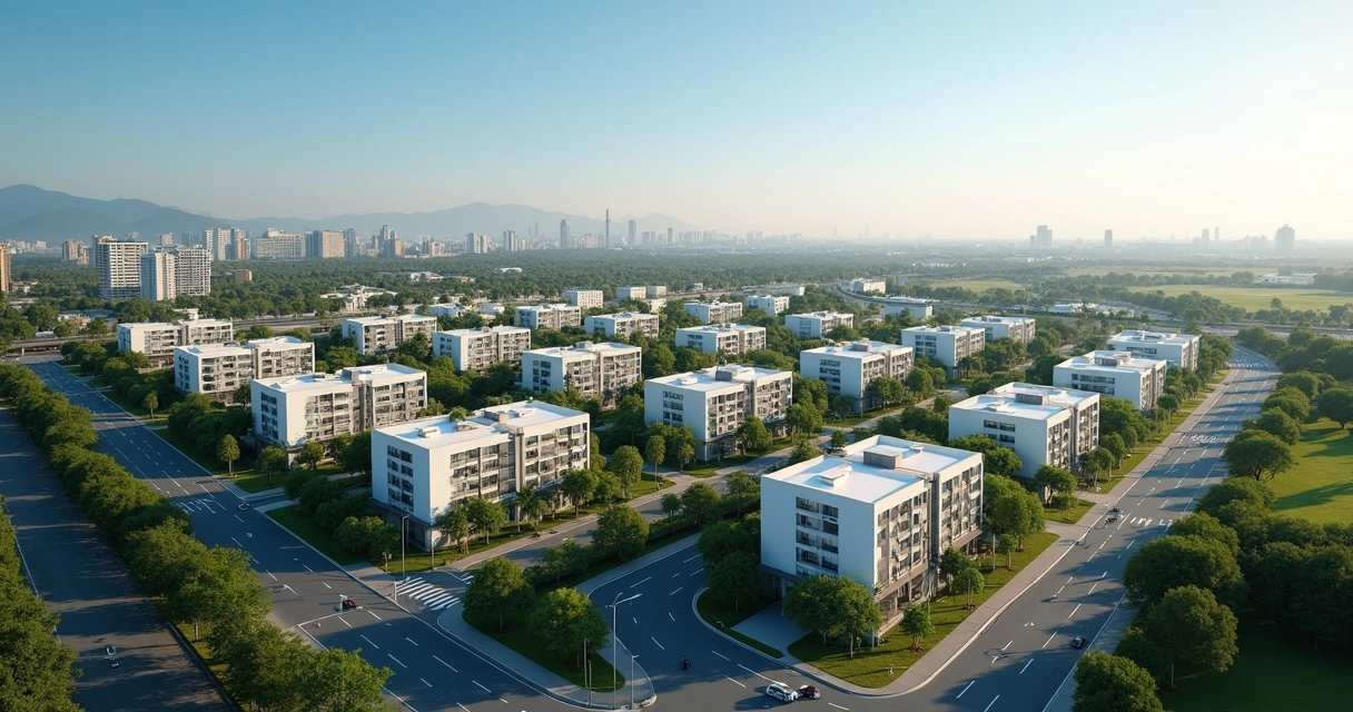 Vista panorâmica de área urbana de Paulínia com prédios residenciais modernos, ruas largas e áreas verdes 