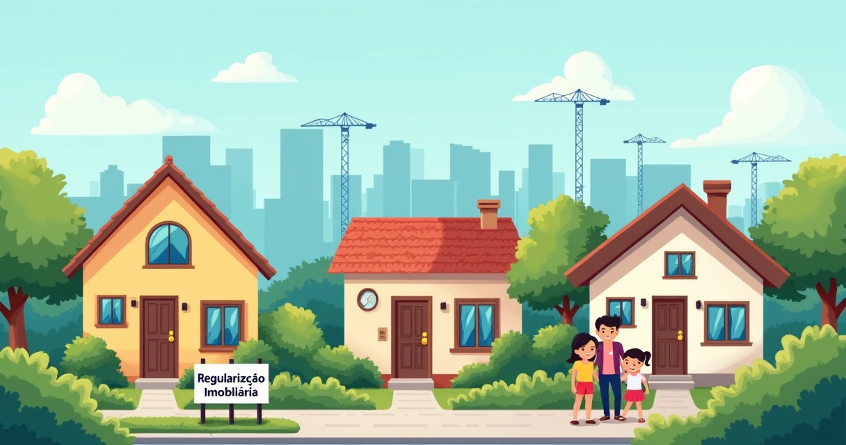 Ilustração de uma paisagem urbana com casas em São Roque e uma família feliz, destacando regularização imobiliária.