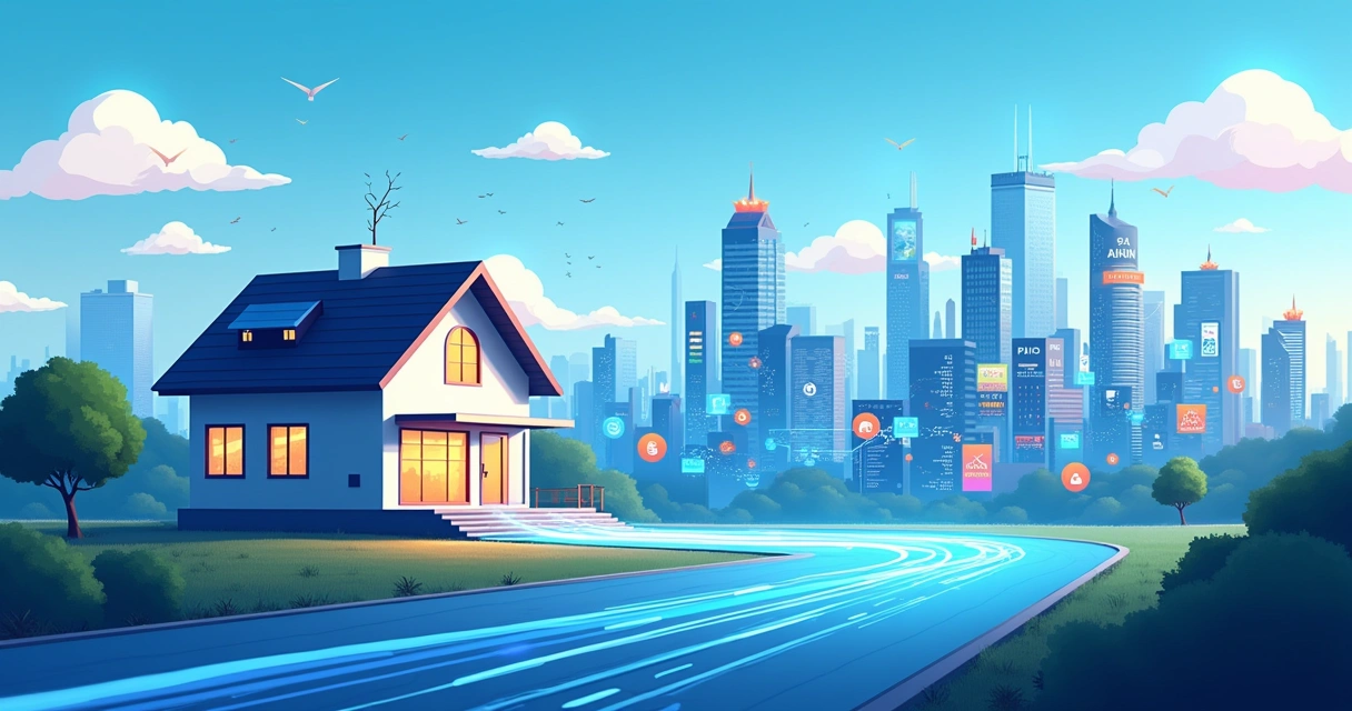 Ilustração de uma paisagem urbana moderna com tecnologia FTTH, destacando cabelos óticos e conexão à internet.