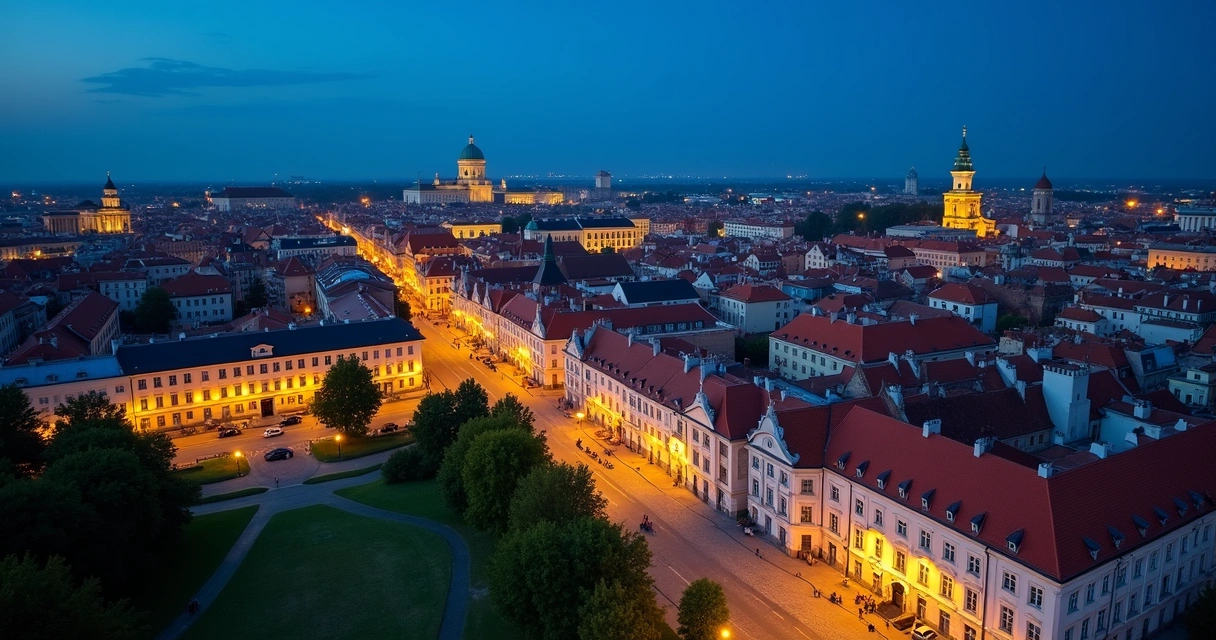 Vista noturna de Vilnius com prédios históricos e ruas iluminadas 