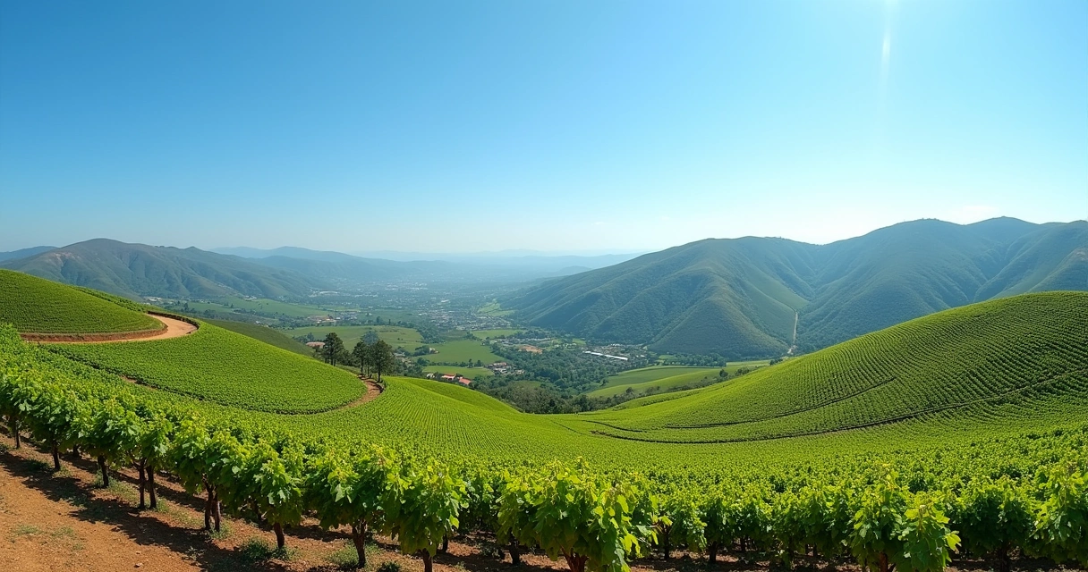 Paisagem dos vinhedos de Altos de Pinto Bandeira, com vinicultores colhendo uvas e uma garrafa de espumante em destaque.