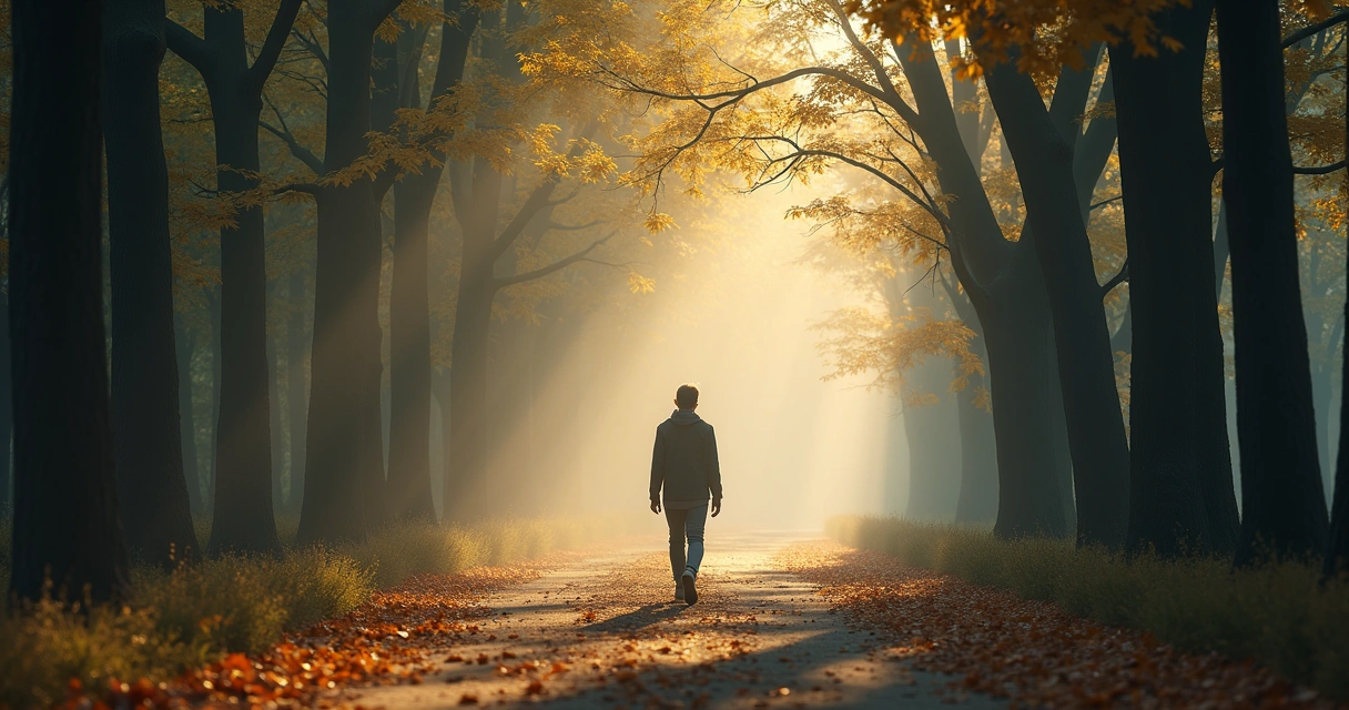 Persona caminando sola por un sendero rodeado de árboles altos y luz suave 
