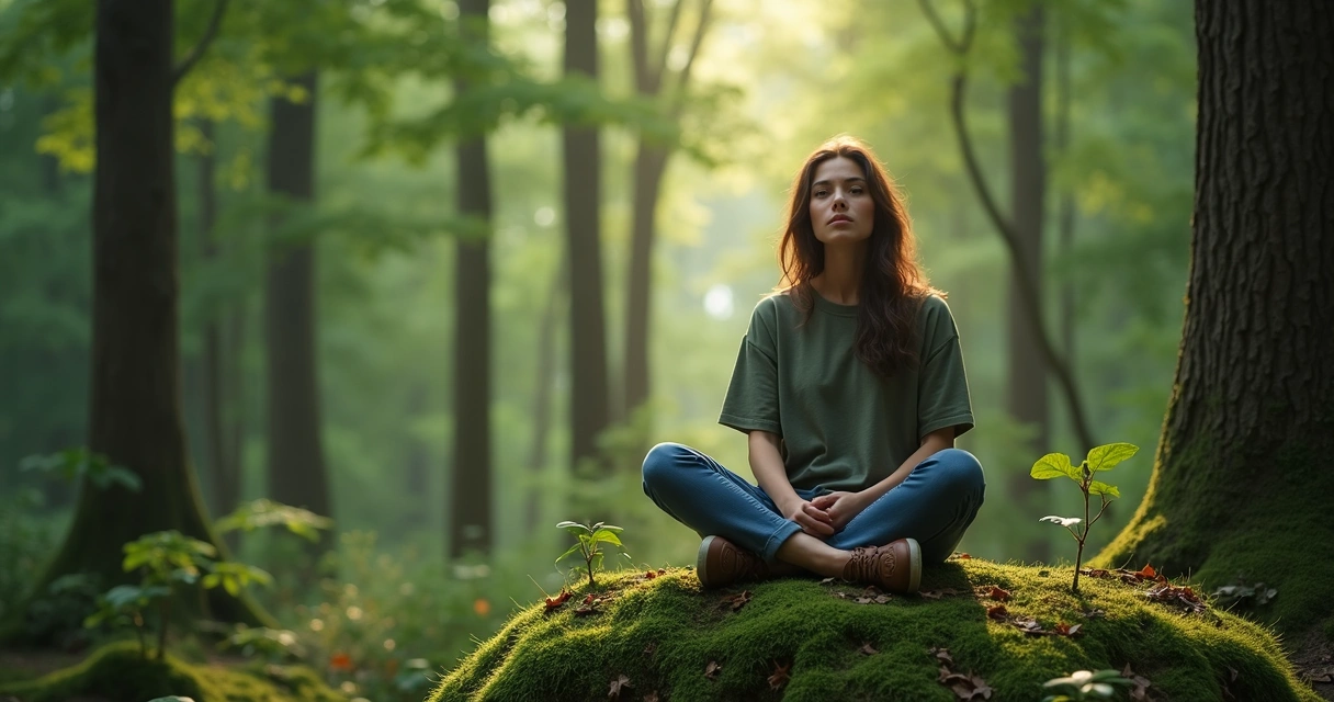Persona sentada en un bosque rodeada de árboles altos en postura contemplativa 