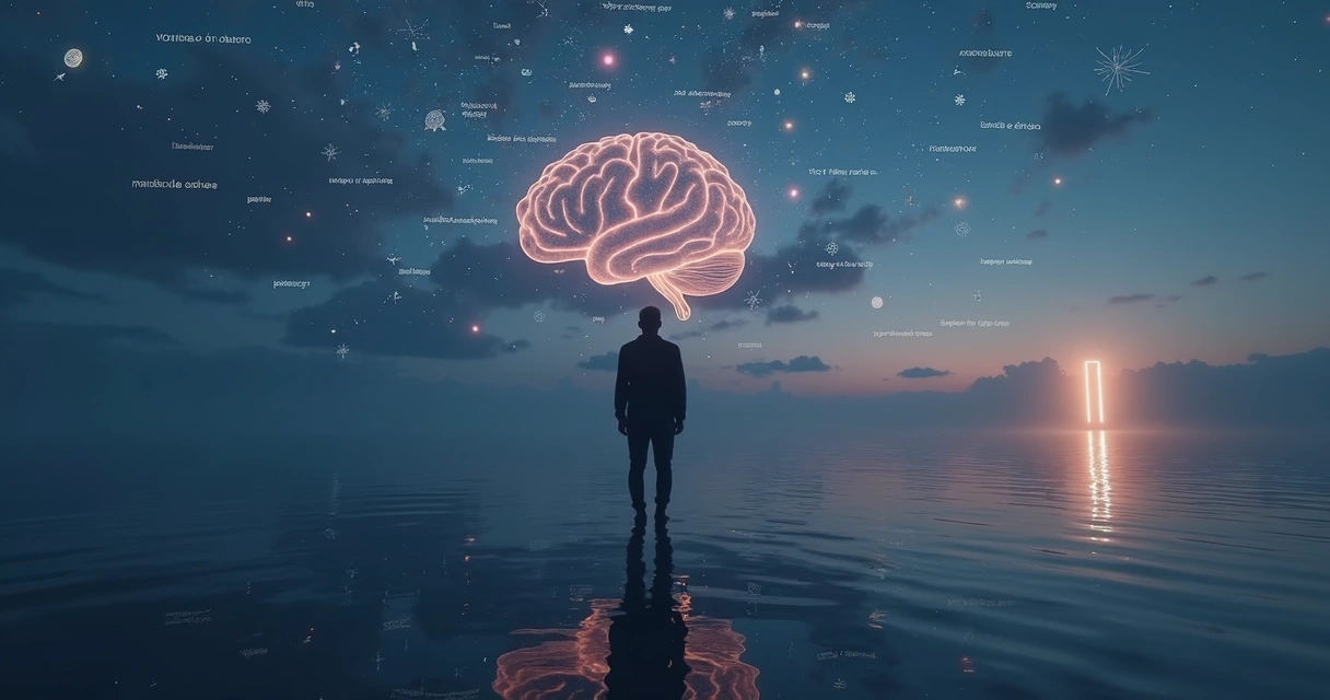 Escena nocturna con silueta humana rodeada de símbolos y metáforas brillantes 