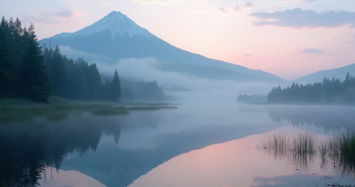 Paisaje natural tranquilo, montaña, niebla y lago al amanecer.