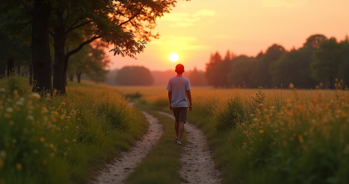Persona caminando en un sendero de naturaleza al atardecer 