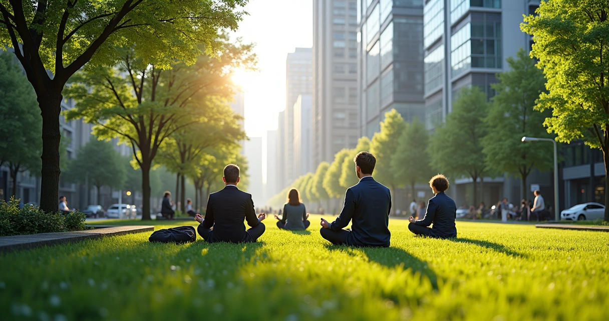 Espacio verde pequeño en una ciudad con personas meditando
