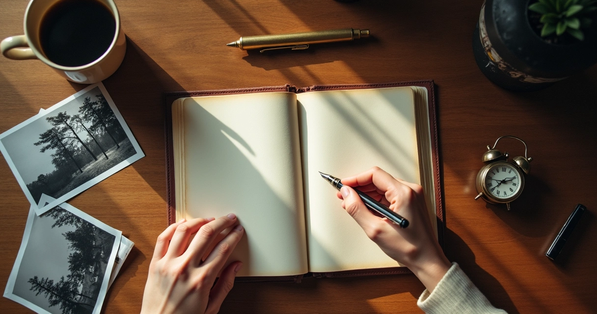 Mesa com objetos antigos, fotos e caderno aberto, com mãos escrevendo memórias 