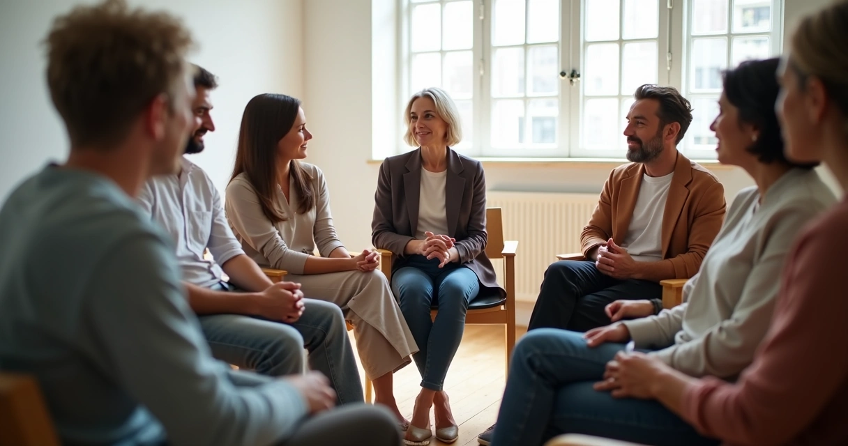 Grupo em círculo conversando em ambiente claro 