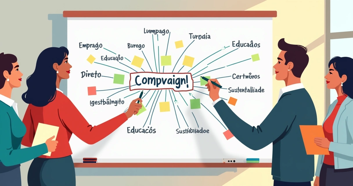 Mapa de palavras-chave conectando temas de campanha política em quadro branco 