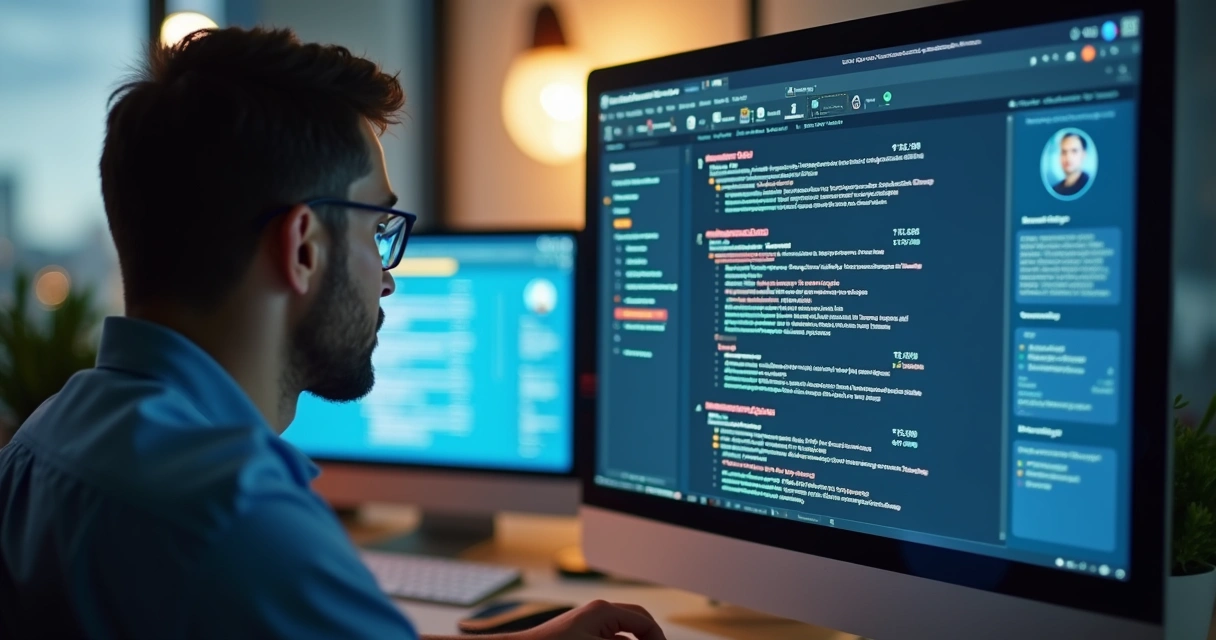 Recrutador analisando currículo em computador com palavras-chave destacadas e números em destaque. 