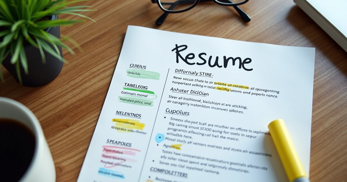 Currículo com anotações destacando palavras-chave da descrição da vaga 