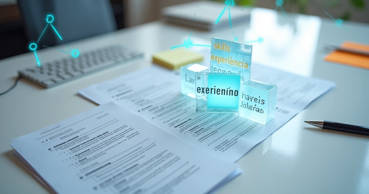 Painel de palavras-chave destacadas sobre currículos e símbolos de tecnologia de recrutamento 