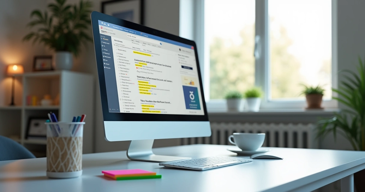 Imagem com computador mostrando tela de buscas com palavras-chave em destaque.