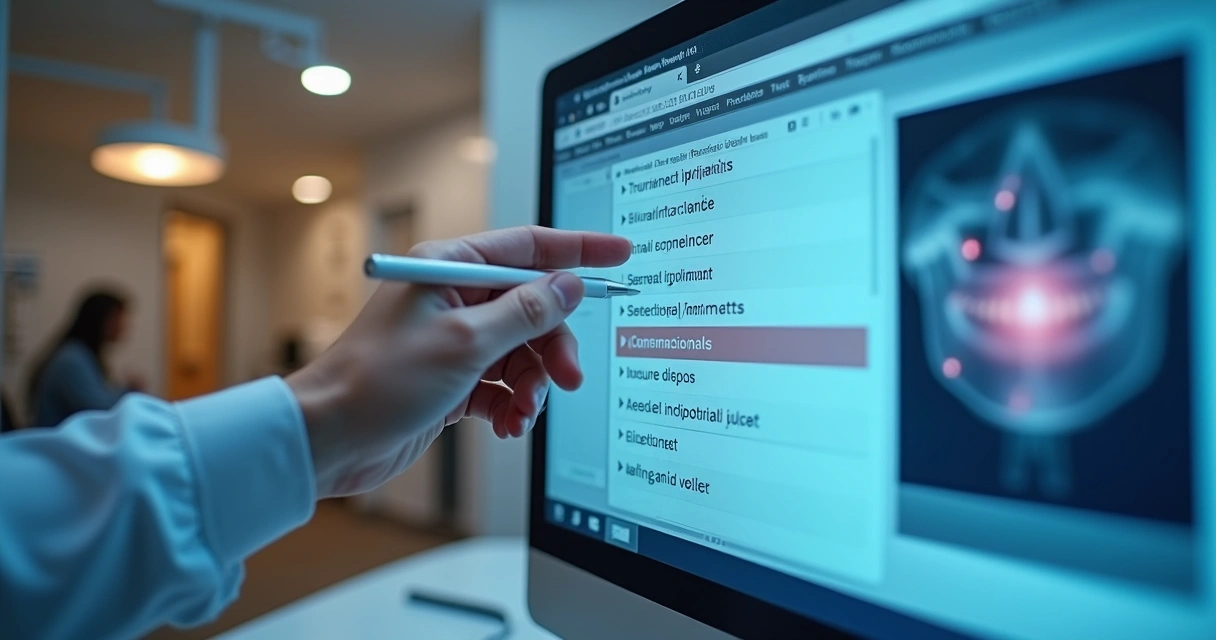 Lista de palavras-chave sobre implantes dentários em tela de computador 