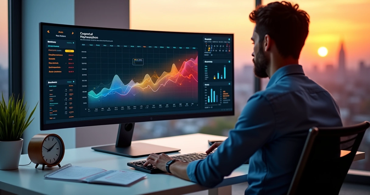 Profissional analisa painel digital com calendário sazonal e gráficos de busca 